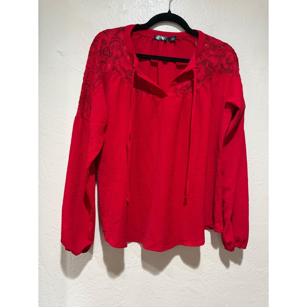 CURE. Womens Red Lace Panel Boho Peasant Blouse Long Sleeve Tie Neck Medium